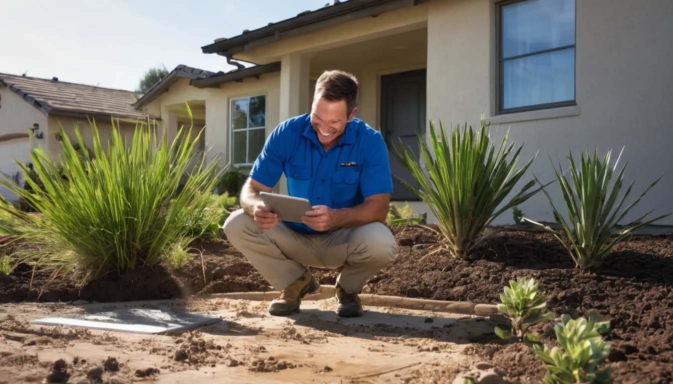 A friendly local termite provider inspecting a stucco home's foundation with a homeowner in the Arcadia area
